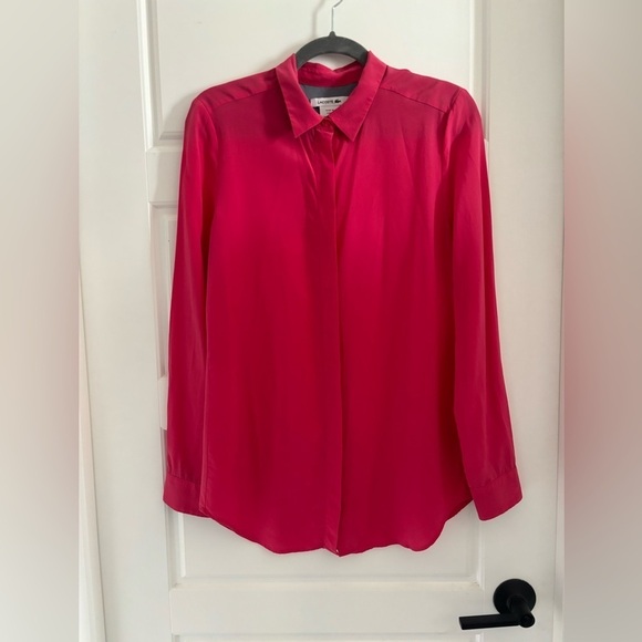 Lacoste 100% Silk Blouse Long Sleeve Collar Bubblegum Fuschia Pink Designer S‌‌ - Picture 9 of 9